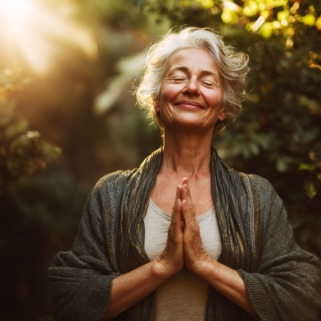 Group of smiling elderly European people in yoga class performing synchronized breathing exercises in a serene studio with natural lighting